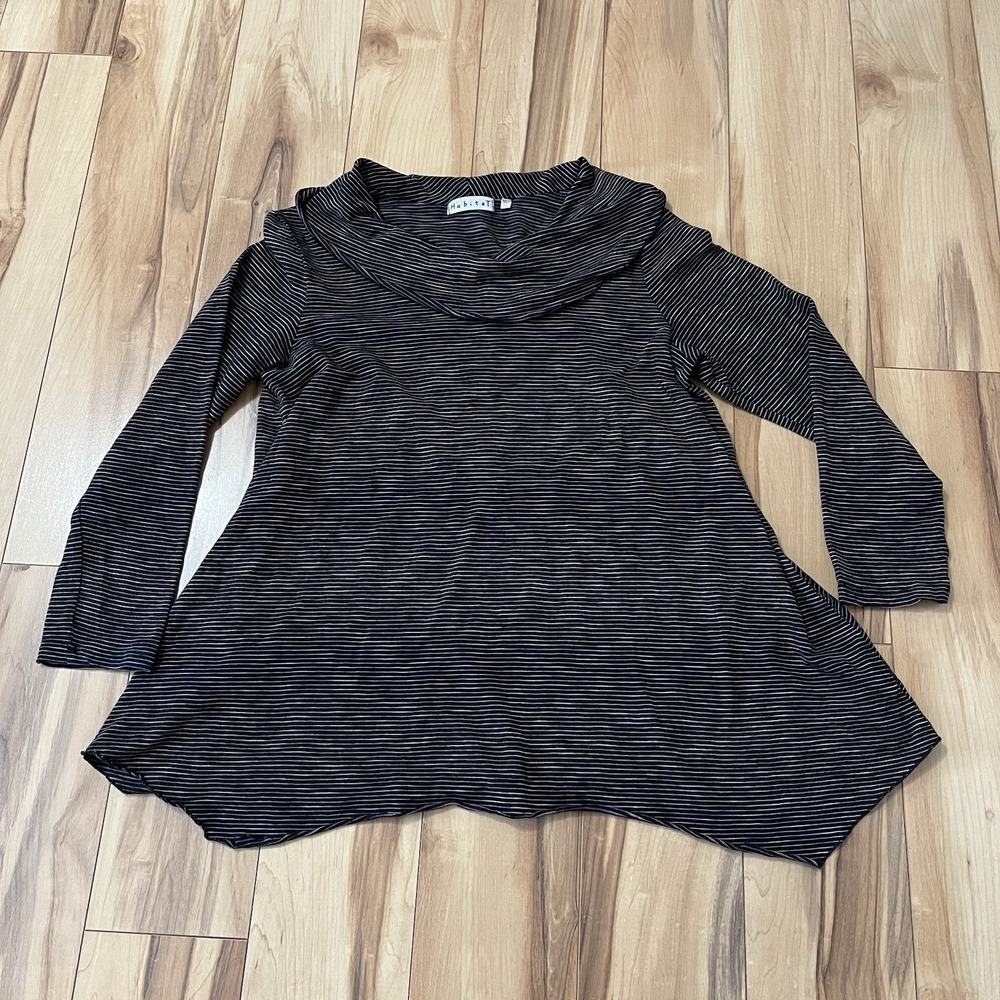 Habitat Asymmetrical Stripe Top Lagenlook Cotton Cowl Neck Sz S Black & White
